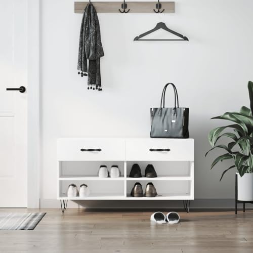 Gecheer Schuhbank Hochglanz-Weiß 102x35x55 cm Holzwerkstoff Schuhorganizer Schuhregal Sitzbank für Eingangsbereich Garderobe Wohnzimmer829734