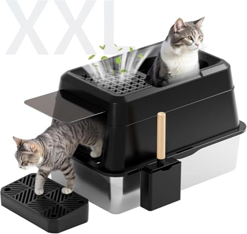 FRETONBA Katzenklo Edelstahl XXL Katzentoilette 26L Groß Kapazität Katzentoiletten Hochwandig Auslaufsicher und Leicht zu Reinigen Cat Litter Box mit Deckel Pedal Schaufel Schwarz