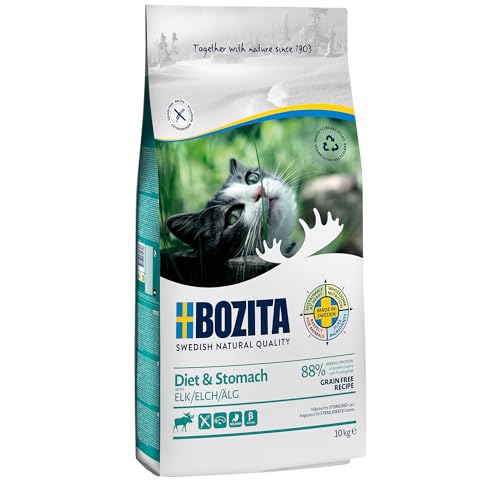 Bozita Diet Stomach Katzentrockenfutter mit Elch 10 kg getreidefreies Trockenfutter für sensible erwachsene Katzen 34 % Protein 10 % Fett ohne Zucker Gentechnik leicht verdaulich