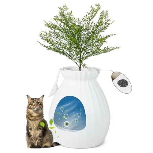 GYMAX Katzenklo mit intelligentem Geruchskontrollsystem verstecktem Katzenklo-Gehäuse mit Kunstpflanze Katzentoilette mit Türvorhang Kieselsteinen Schaufel für Katzen