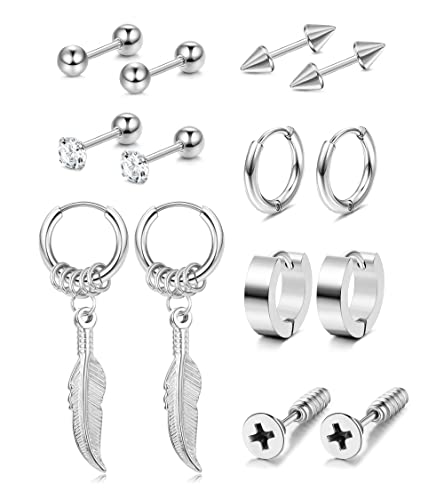Kakonia 7 Paar Edelstahl-Creolen für Männer und Frauen frische CZ-Feder-Creolen Schmuck Gold Silber Schwarz Silber