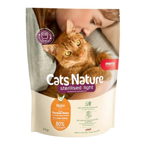 MERA Cats Nature Sterilised Light Huhn Katzenfutter Trocken 2kg Für sterilisierte kastrierte Katzen Getreidefrei zuckerfrei fettarmes Katzen Trockenfutter hoher Fleischanteil