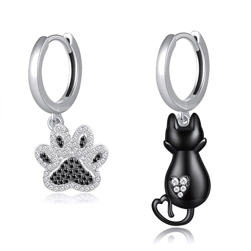 Katzen Ohrringe 925 Sterling Silber Kätzchen Pfote Print Ohrringe Niedlich Katze Pfoten Creolen Ohrringe Schwarze Katze Schmuck Geschenke für Damen Frauen Mädchen Tochter Katzen Liebhaber