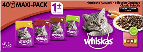 Whiskas 1 Katzenfutter Klassische Auswahl in Sauce Hochwertiges Nassfutter Für eine glückliche Katze 40 Portionsbeutel 100g