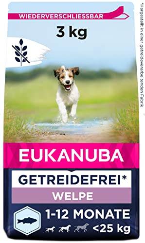 Eukanuba Welpenfutter getreidefrei mit Fisch für kleine und mittelgroße Rassen - Trockenfutter ohne Getreide für Junior Hunde 3 kg