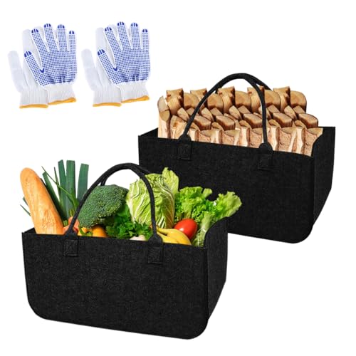 2 Stück Filztaschen Shopper Einkaufskorb Groß Set 50x25x25cm Holzkorb für Kaminholz Filzkorb Einkaufstasche Filz mit 2 Handschuhen für Einkauf Holz Brennholz Zeitung