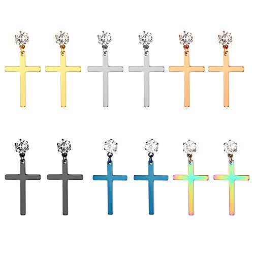 Flongo Herren Ohrstecker Creolen Damen Ohrringe aus Edelstahl Silber Schwarz Rose Gold Blau Bunt Stecker mit Kette Kreuz Anhänger Jahrgang Männer Frauen 6 Paar Set