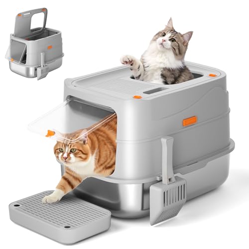 Dcorn Extraße aus Edelstahl Deckel Design doppeltem Eingang vorne und oben auslaufsicher und geruchsfrei leicht zu reinigende Metall Kitty Schaufel