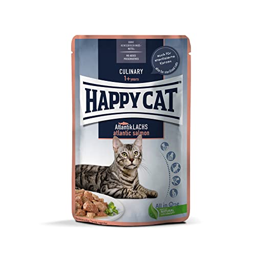 Happy Cat 70618 - Culinary Meat in Sauce Atlantik Lachs Pouch - Nassfutter für ausgewachsene Katzen Kater - 85g Inhalt