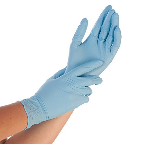 FRANZ MENSCH 100 Stück Hygostar Nitrilhandschuhe Safe Premium puderfrei Packung blau 8 M L 24cm Beutel Einmalhandschuhe Einweghandschuhe Nitrilhandschuhe
