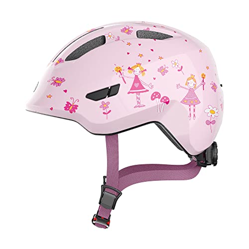 ABUS Kinderhelm Smiley 3.0   Fahrradhelm mit tiefer Passform kindergerechten Designs Platz einen Zopf   Mädchen und Jungs   Rosa mit Prinzessinen Muster Größe S
