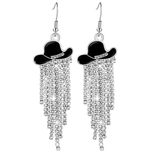 CALLARON 1 Paar Western-Cowgirl-Ohrringe Creolen mit Quaste für Damen Vintage-Strass-Ohrhänger stilvoller Cowboyhut-Schmuck für Country-Konzerte Festivals den Alltag