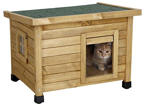 Kerbl Katzenhaus Rustica aus Holz Schwingtüre Lamellen Plexiglasfenster Höhenverstellbare Kunststofffüße Braun Grün 57x 45x 43 cm