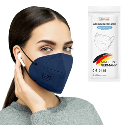 TubeRoo FFP2 Maske blau duneklblau marine 10 Stück Masken aus Deutschland Made in Germany weiche runde Ohrschlaufen Bänder Atemschutzmaske Mundschutz