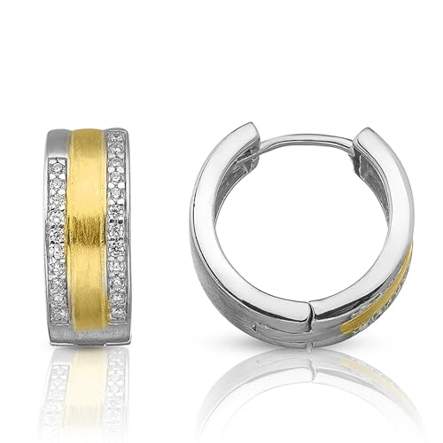 Cassini Bicolor Klappcreolen Damen Elegante Silber-Gold Creolen aus 925 Sterling Silber nickelfrei hypoallergen mit Zirkonia ca. 16mm rhodiniert mattiert mittelgroße Ohrringe 3CAE
