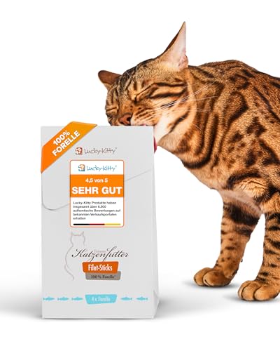 Lucky-Kitty Premium Katzensnacks I 1x4 Filet Sticks I Leckerli für Katzen 100% Filet im Fleischanteil I Saftig nährstoffreich ohne Getreide Zucker I Artgerechte Katzensticks 4 x 22g Forelle