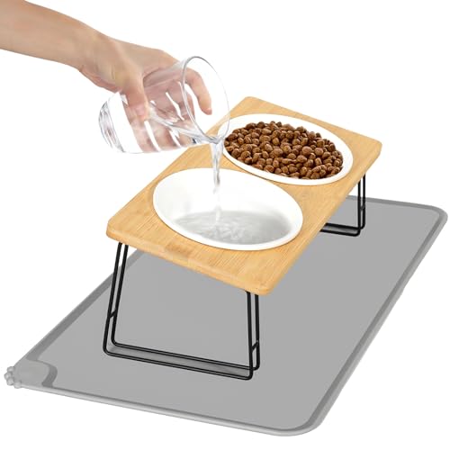 Otauoaea Katzennapf Erhöht -2er Set Futternapf Katze aus Keramik mit Napfunterlage Silikon Ergonomischer Futterstation 15 gekippte Katzen Hundenapf Fressnapf und Wassernapf für Katzen und kleine Hunde
