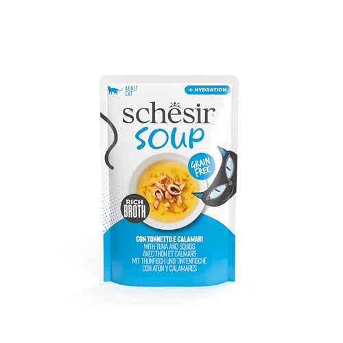 Schesir Suppe mit Thunfischfilets und Tintenfisch ergänzendes Nassfutter für Katzen Originalrezept 100% natürlich 12 Beutel 40 g