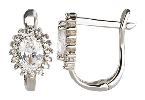 Ardeo Aurum Damen Ohrringe-Creolen aus 333 Gold Weißgold mit Zirkonia im Oval-Schliff und Brillant-Schliff Klapp-Verschluss Ohr-Boutons Stecker