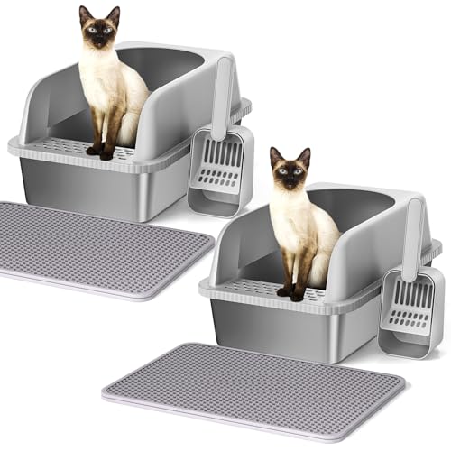 Vailge Edelstahl Katzenklo 51 36 30CM 20L große Kapazität Katzentoilette mit halbgeschlossenem Deckel doppellagiger Streumatte und Katzenstreuschaufel 2er Pack