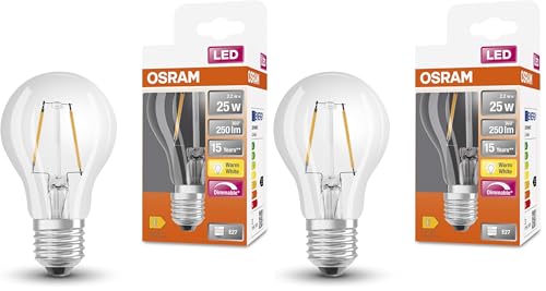 Osram Dimmbare LED - Lampen klassische Kolbenform 25 Watts Ersatz E27 A-shape 2700 Kelvin Warm weiß Klares Glas single Pack Packung mit 2