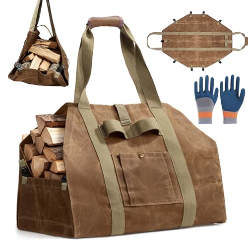 Beafaoo 2 In 1 Wasserdichte Kaminholztasche mit Paar Handschuhe Gewachste Leinwand Kaminholzträger Faltbare Holztasche für Kaminholz mit 2 Griffen Holzkorb für Kaminholz