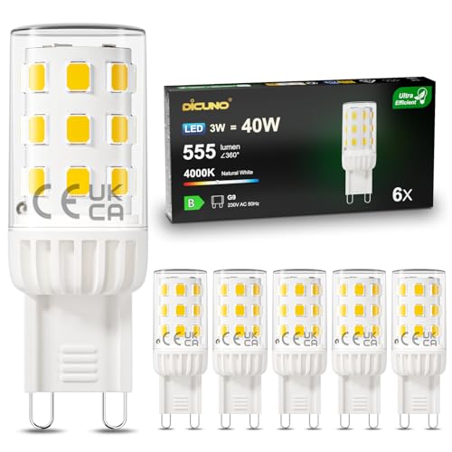 DiCUNO G9 LED Neutralweiß 4000K 3W Energieeffizienzklasse B LED Leuchtmittel Ersatzt 40W Halogenlampe Label-B G9 Glühbirne 555lm Enegiesparende kleine Birne Kein Flackern Nicht Dimmbar 6er Pack