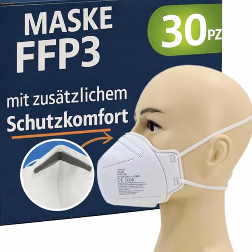 medicinadellavoro.com 30 FFP3 mit Gummibändern Mund- und Nasenschutz Maske mit 5 lagige Maske ohne Ventil Staub- und Partikelschutzmaske Medizinische Schutzmaske mit Hoher PFE 99% 30 Stück