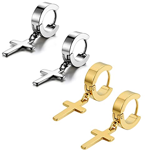Flongo Herren Ohrstecker Creolen Damen Ohrringe Edelstahl Ohrstecker Ohrringe Silber Schwarz Gold Stecker Runden Kreuz Anhänger Jahrgang Männer Frauen