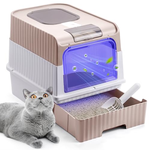 Katzenklo Katzentoilette mit UV-Sterilisation Großes Katzenklo mit Deckel Geruchskontrolle Katzenklo Geschlossen mit Schaufel Schublade Katzenklo groß Leichte Reinigung 48x35x36cm Rosa