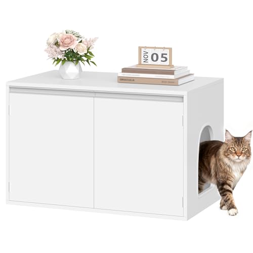 Hzuaneri Katzenklo Schrank Katzenschrank mit Abnehmbarer Trennwand 80 x 48 3 x 48 5 cm Katzenhaus Verstellbarer Einlass Links oder Rechts Seitenwand Rutschfesten Ecken Weiß CB01403X