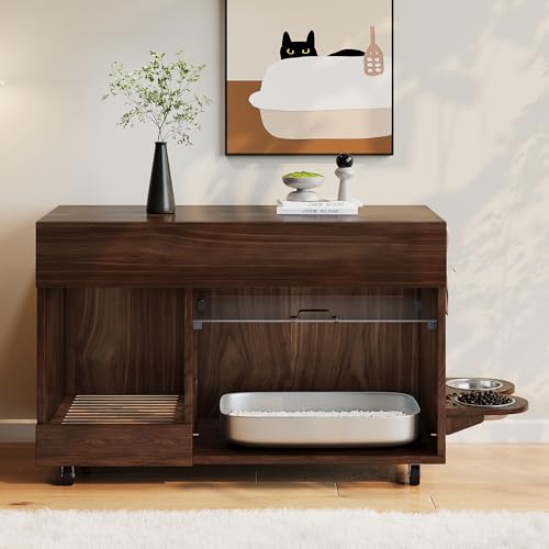 Tragbarer Katzenklo-Schrank mit verdeckter Katzentoilette Futternapf und Katzenstreuschale geruchsdicht inklusive Haken und Lochwand Walnussfurnier 100 45 5 67 cm