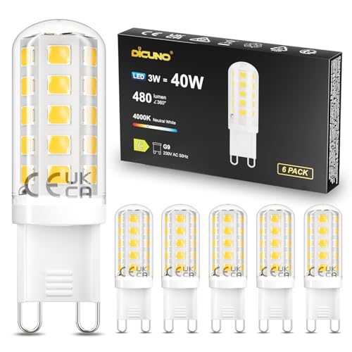 DiCUNO G9 LED 3W Neutralweiß 4000K Ersetzt 30W-40W Halogenlampe 480lm ultraeffiziente LED Leuchtmittel Energieefizienzklasse C Flickerfrei Nicht Dimmbar 6er Pack
