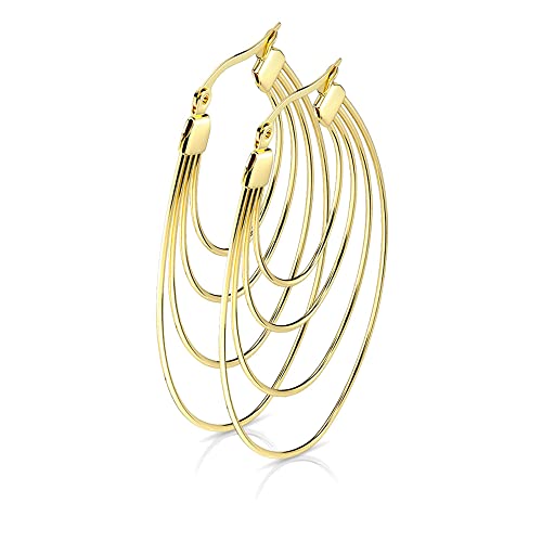 viva-adorno 1 Paar Edelstahl Creolen Damen Ohrringe Oval Rosegold Silber groß Klappcreolen Vierfach Bögen W1a Gold
