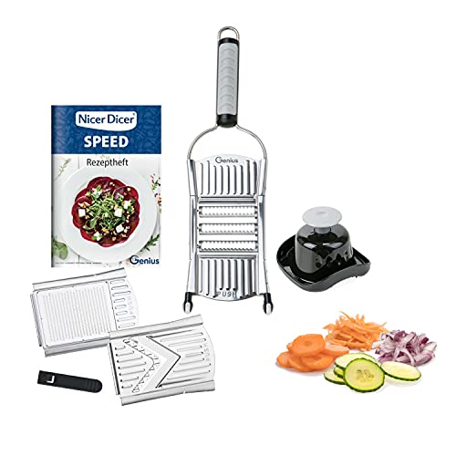 Genius Nicer Dicer Speed Set 7-tlg Gemüsehobel - Gemüseschneider mit 3 Einsätzen Schneidguthalter Parmesanreibe Juliennereibe und V-Hobel