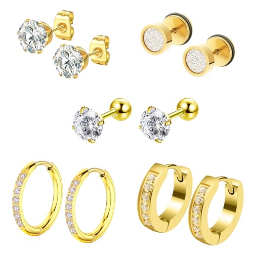 Bo Win 5 Paare Set Titan Edelstahl Ohrringe Creolen Gold Ohrstecker für Herren Damen Männer Ohrringe Diamant Damen Ohrstecker Zirkonia Gold Ohrringe Heren Stecker Ohrstecker Damen Ohrringe Zirkonia