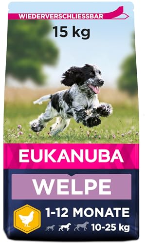 Eukanuba Welpenfutter mit frischem Huhn für mittelgroße Rassen Premium Trockenfutter für Junior Hunde 15 kg