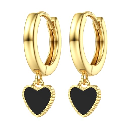 CASSIECA 925 Sterling Silber Creolen Ohrringe für Damen Mädchen Schwarze Herz Anhänger Ohrringe Minimalistische Huggie Ohrringe