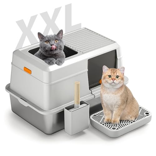 Bartuke Edelstahl Katzenklo XXL Geschlossenes Katzentoilette Große mit Abnehmbaren Spritzschutz und Deckel Auslaufsicher und Leicht zu Reinigen Edelstahl Katzentoilette Hop in Dunkel Grau