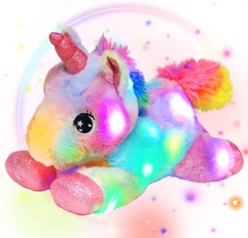 Cuteoy Bunt LED Einhornüschtier mit bunter Funktion Leuchtendes glüht im Dunkelnüsch Einhorn Geburtstagsfest für Kinder Kleinkind Mädchen Regenbogen 25 cm