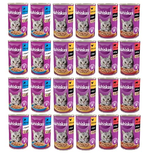 Whiskas Katzenfutter in Dose Aromen Mix in Sauce oder Gelee Thunfisch Huhn Rindfleisch 400g x 24