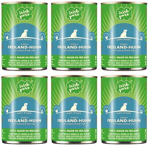 Irish Pure Premium Junior Nassfutter für Hunde 6 x 390g Freiland-Huhn Vitamine Getreidefrei Sensitiv mit Superfood Kelp-Alge Nassfutter für alle Rassen