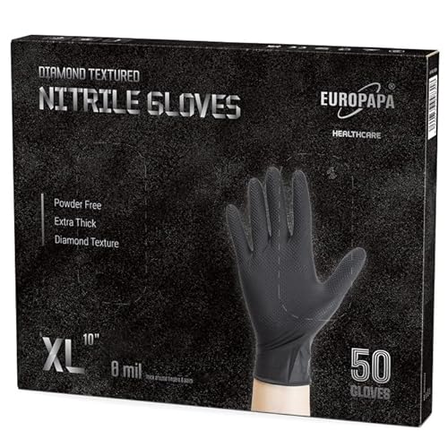 EUROPAPA 50x extra dicke Nitrilhandschuhe DiamantGrip Diamant Perfect Grip Einweghandschuhe Montageschutzhandschuhe puderfreier latexfreier Arbeitshandschuhe 8 mil XL Schwarz