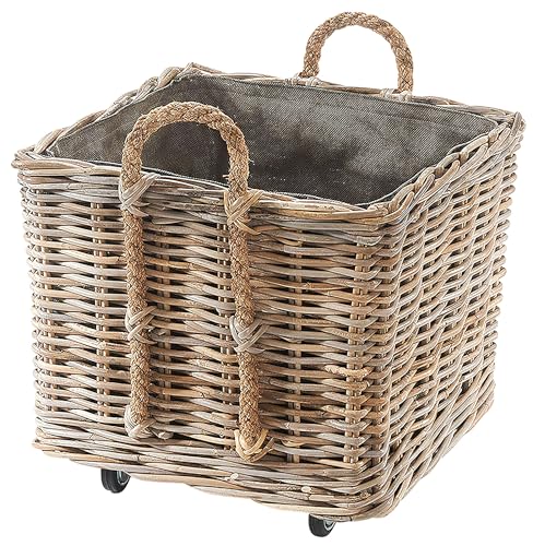 Kobolo Kaminholzwagen mit Rollen Holzkorb für Kaminholz -Rattan- mit Innenfutter aus Jute