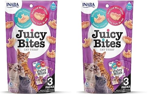 INABA Juicy Bites Katzen-Leckerlies - Knabbertaschen mit Saftigem Kern in Lustigen Formen - Mundgerechte Katzensnacks in 2 Geschmacksrichtungen - Garnelen und Meeresfrüchte 3 Beutel x11g