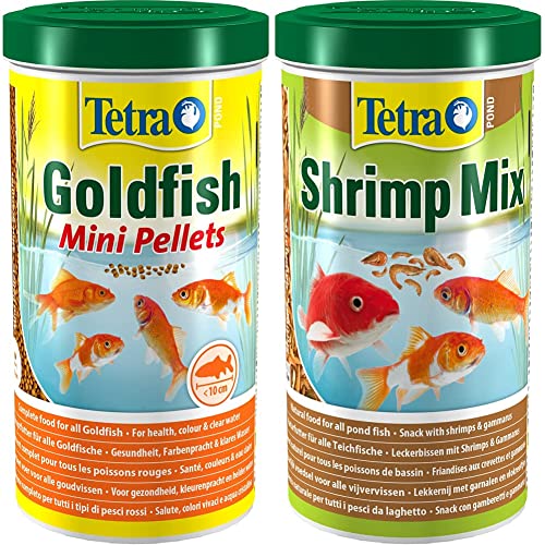 Tetra Pond Goldfish Mini Pellets Fischfutter - für kleine Goldfische und Kaltwasserfische im Gartenteich 1 L Pond Shrimp Mix - Snack für Teichfische aus natürlichen Shrimps und Gammarus 1 L