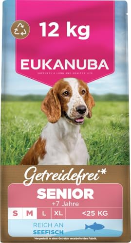 Eukanuba Senior Hundefutter getreidefrei mit Fisch für kleine und mittelgroße Rassen Premium Trockenfutter ohne Getreide für ältere Hunde 12 kg