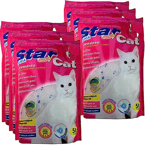 Star Cat Silikat Hygiene Katzenstreu vom PowerCat Hersteller 6X 5L 30L mit Magic Power Clean Crystals absorbiert Urin in Sekundenschnelle und wirkt antibakteriell