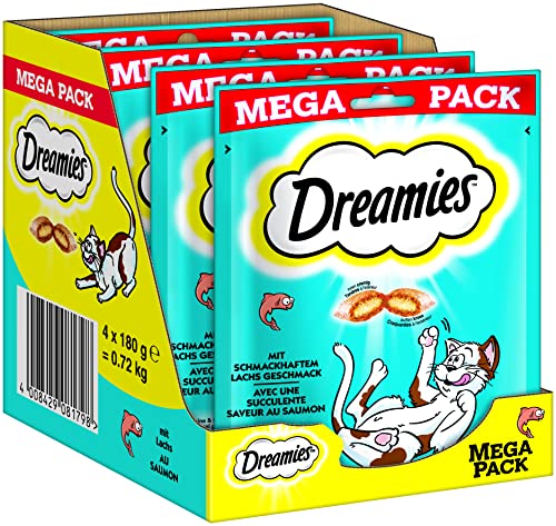 Dreamies Katzensnacks mit Lachsgeschmack 4er Pack 4x180g Außen knusprige innen cremige Katzenleckerlis