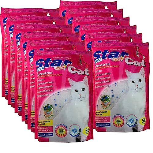 Star Cat Silikat Hygiene Katzenstreu vom PowerCat Hersteller 12x 5L 60L mit Magic Power Clean Crystals absorbiert Urin in Sekundenschnelle und wirkt antibakteriell